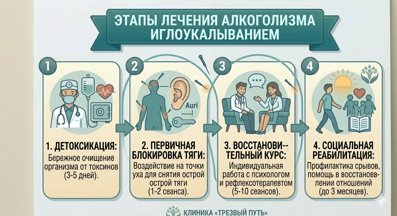 Инфографика «ЭТАПЫ ЛЕЧЕНИЯ АЛКОГОЛИЗМА ИГЛОУКАЛЫВАНИЕМ». Процесс разделен на 4 шага: 1. Детоксикация (очищение организма 3-5 дней); 2. Первичная блокировка тяги (воздействие на точки уха за 1-2 сеанса); 3. Восстановительный курс (индивидуальная работа с психологом и рефлексотерапевтом, 5-10 сеансов); 4. Социальная реабилитация (профилактика срывов до 3 месяцев). Оформление в фирменном стиле клиники «Трезвый Путь».